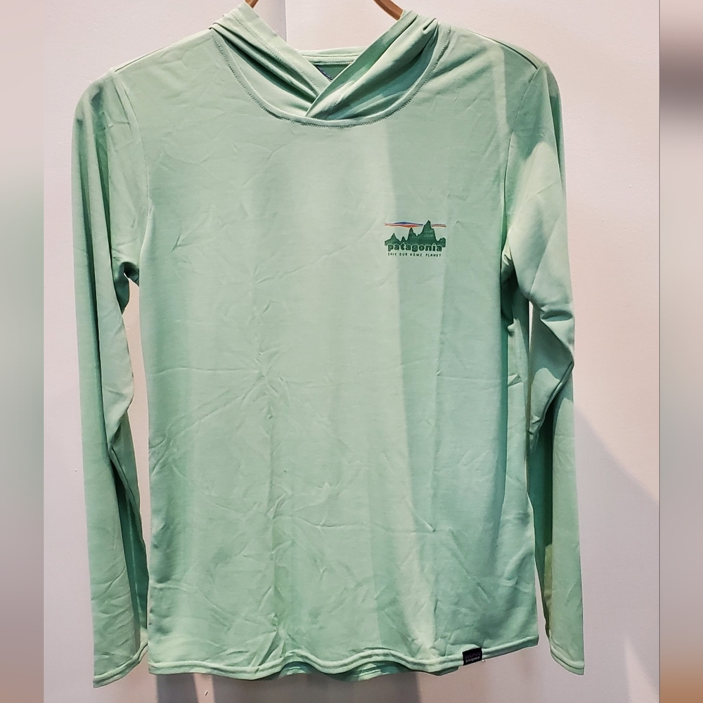 Patagonia Mint Green Long Sleeve Hoodie Tee with Mountain Logo - Picture 2 of 2